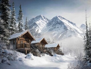 a snowy mountain retreat showcasing rusticchic cabins with crackling fireplaces a serene spa retreat and a selection of fine dining experiences for a perfect blend of relaxation and indulgence