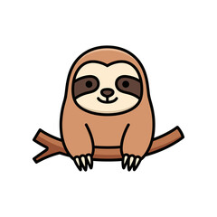 Obraz premium Cartoon sloth sitting on a branch, smiling, with a simple white background, ideal for children's content