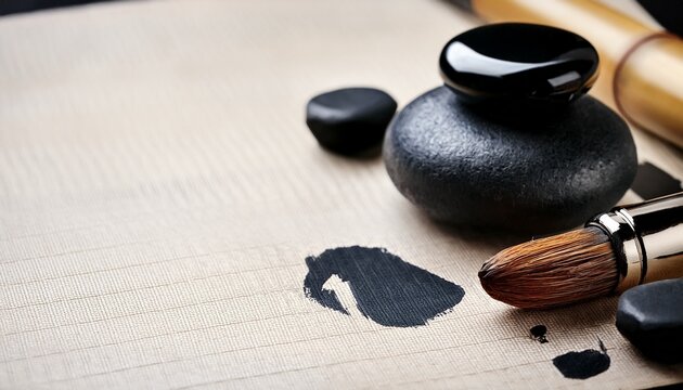 japanese calligraphy tools with black ink stones and brush on paper