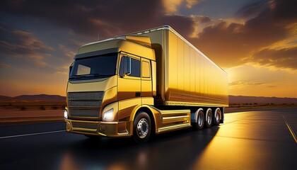 streamlined shipping truck emerging on screen representing seamless logistics with matte gold and