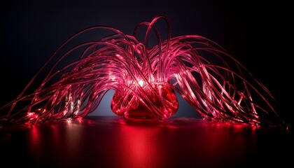 entangled ruby glass embraces light symbolizing the dance of connection and fiery passion on a stark