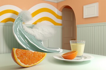 Minimalist Still Life Featuring a Fresh Slice of Orange Next to a Refreshing Smoothie Drink