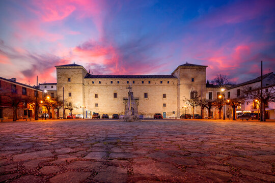 View of the Ducal Palace of Princess Eboli in Pastrana, Guadalajara, Spain, at dusk