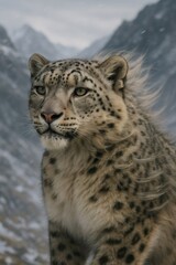 Fototapeta premium Snow leopard standing watchful in a cold, snowy mountain habitat. Wildlife predator surviving in extreme natural environment