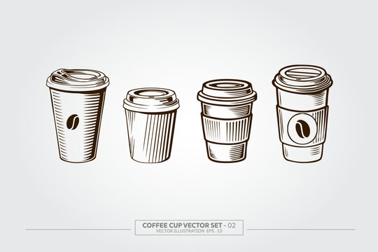 Hand drawn coffee to go, hand drawn illustration isolated on white. Takeaway cup with lid. Black and white line drawing.

