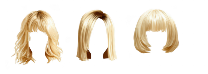 set of three blonde hair wigs isolated on a white background