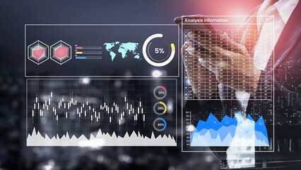 Business professional analyzing data with futuristic graphs and charts in a high-tech virtual interface against a city skyline background at night Gluon.