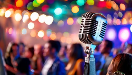 vintage microphone in a vibrant nightclub blurred crowd in background lit by colorful lights