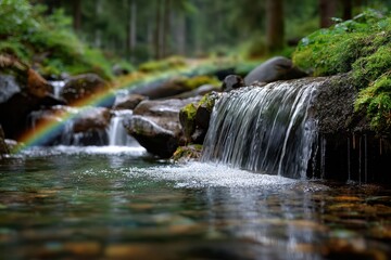 Rainbow over a small waterfall in a forest stream