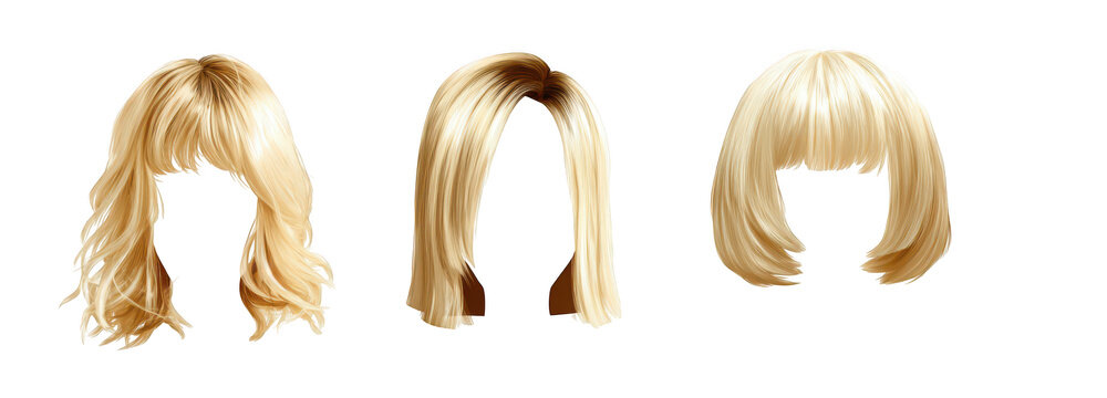 set of three blonde hair wigs isolated on a white background