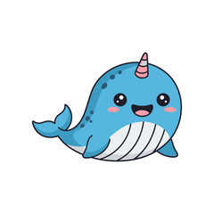 Cute cartoon narwhal swimming happily in a vibrant ocean, showcasing its colorful horn © dinny