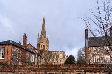 Front on view of the historic Norwich cathedral