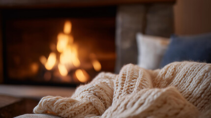 Knitted blanket arranged casually before a fireplace, glowing fire creating a soothing atmosphere of warmth, stillness, and domestic comfort. cinematic color correction, natural uneven lighting yet