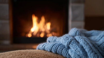 Knitted blanket arranged casually before a fireplace, glowing fire creating a soothing atmosphere of warmth, stillness, and domestic comfort. cinematic color correction, natural uneven lighting yet