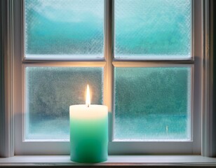 st lucia day gradient from frosty mint to pearl grey single candle flickering near window frame