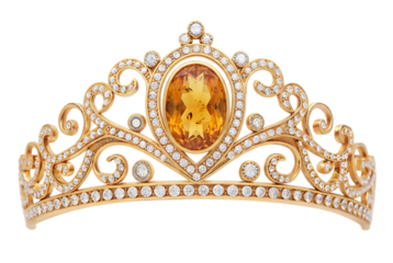 Exquisite Golden Tiara Crown with Oval Citrine Gemstone and Diamonds, Regal Accessory