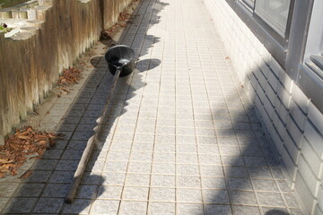 A black bucket is on the sidewalk next to a brick wall. The bucket is empty and has a shadow on the ground