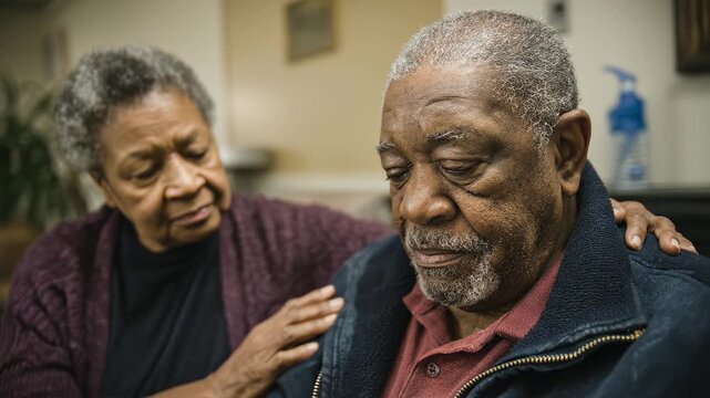 A concerned African American woman comforts her sad husband. Elderly couple experiencing emotional support, showing care and empathy. Senior man feeling distressed, needing comfort.