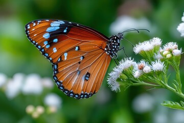 Naklejka premium Butterfly with blue spots on orange wings on white flower