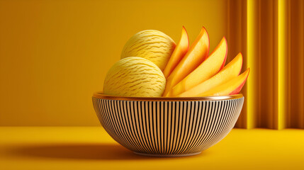 Melons and mango slices in striped bowl on yellow stage. Harmonious palette and sculptural fruit styling evoke clarity, warmth, and editorial depth in culinary storytelling.