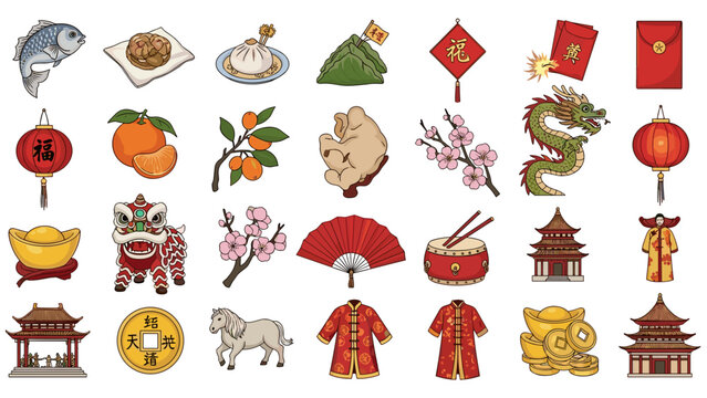 Chinese new year icons and symbols for festive designs