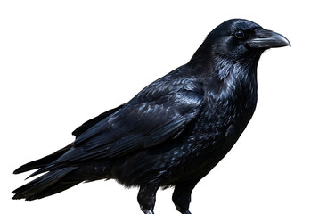 Fototapeta premium Detailed Portrait of a Black Raven Bird with Shiny Feathers Against a Solid transparent background, Studio Shot