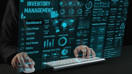 This image features a person interacting with a high-tech inventory management dashboard, showcasing data visualization and analytics for effective stock control and efficiency. Cipher