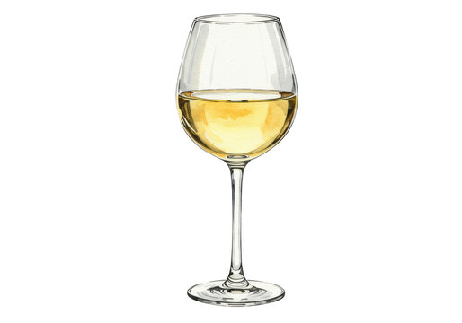 An elegant crystal tulip-shaped wine glass, half-filled with pale straw white wine, showing meniscus and light reflections, detailed watercolor illustration isolated on transparent. Concept for