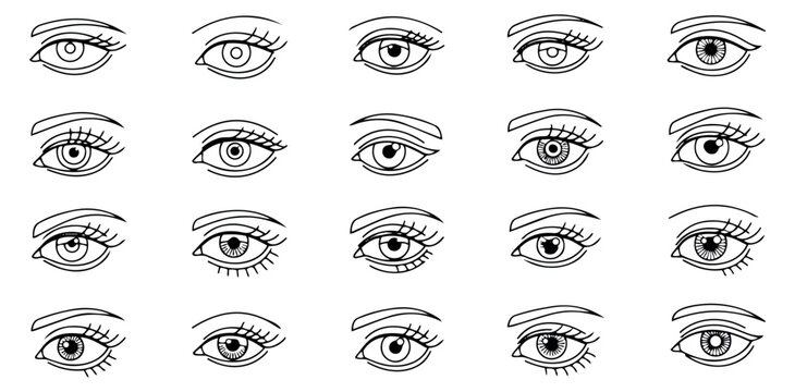 Hand drawn line art human eyes set featuring various eye shapes with eyelashes and eyebrows for beauty and design projects