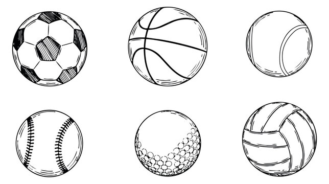Hand drawn line art sports balls set featuring soccer, basketball, tennis, baseball, golf, and volleyball for sports-themed designs