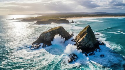 Dramatic coastline with crashing waves and rocky peaks.