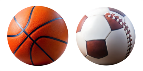 Orange basketball and soccer ball side by side isolated on a transparent background