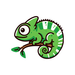 Fototapeta premium A vibrant green chameleon perched on a branch, surrounded by lush foliage in a whimsical setting