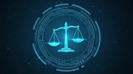 Digital Justice: A glowing balance scale of justice, set within a futuristic digital interface, symbolizing fairness and legal precision in the digital age.