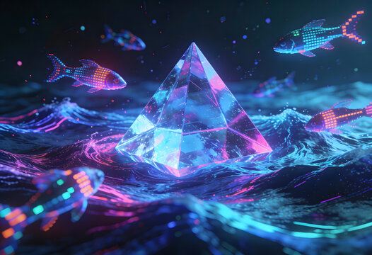 futuristic pyramid with colorful neon fish swimming in glowing water - Powered by Adobe