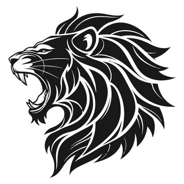 Angry lion head vector illustration, black and white design, animal symbol, copy space