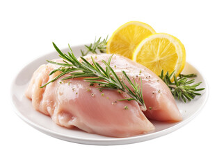 Two raw chicken breasts on a plate, garnished with fresh rosemary and lemon slices