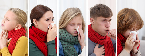 Children and adults suffering from cold. Collage of portraits
