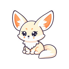 Obraz premium Cute cartoon fennec fox character sitting with large ears and fluffy tail, on a white background