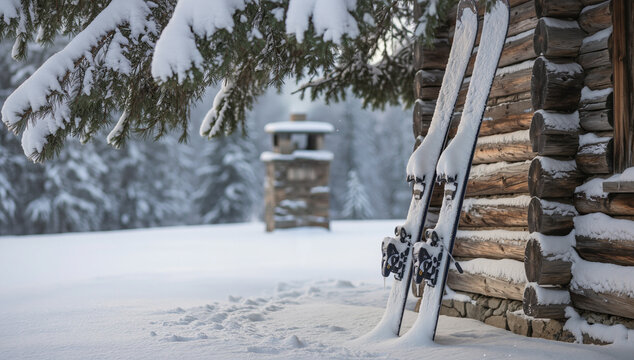 Ski gear covered in snow is propped against a rustic wooden cabin, surrounded by snowy forest scenery, creating a serene and cozy winter ambiance. Image made using Generative AI.