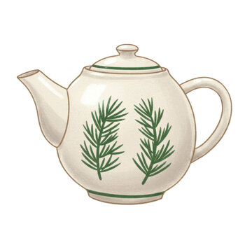 rounded ceramic teapot illustration in naive folk art style, thick crayon texture, hand-painted stylized scandinavian fir branch design, on white. hygge winter comfort concept