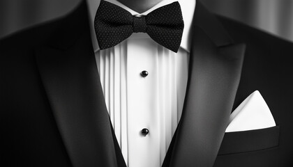 Formal black tuxedo jacket with black satin lapels black bow tie and pocket square. Classic menswear for wedding gala or black tie event