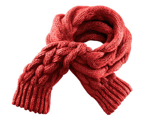 A vibrant, coral-toned knitted scarf, intricately braided