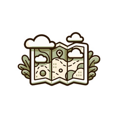 Illustrated map showing terrain features with clouds and foliage, ideal for travel themes © dinny