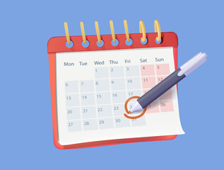 Pen mark calendar date 3D render vector illustration. Pen puts a checkmark in calendar, deadline notice, event reminder