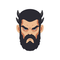 Stylized illustration of a fierce-looking man with horns and a beard, against a plain background