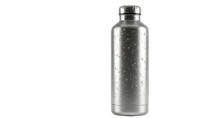 Metal water bottle with condensation drops isolated on transparent background.