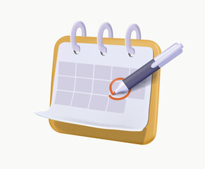 Pen mark calendar 3D render vector illustration. Pen puts a checkmark in a calendar, deadline notice or event reminder