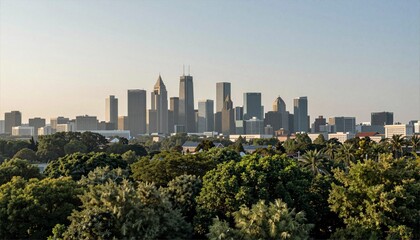 Fototapeta premium City Skyline Surrounded Lush Greenery Under Clear Skies