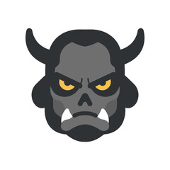Stylized illustration of a menacing gray demon head with yellow eyes and sharp fangs
